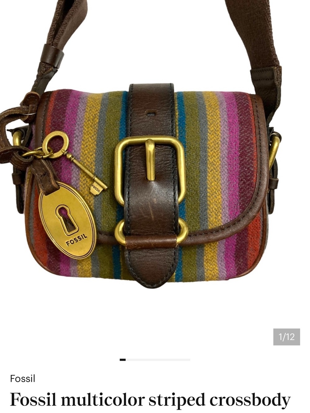 Fossil Brown Leather & Multicolor Striped Crossbody
